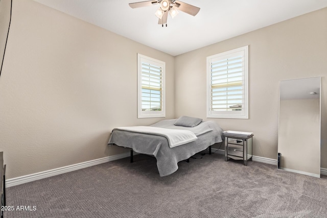 bedroom featuring carpet flooring, baseboards, and ceiling fan