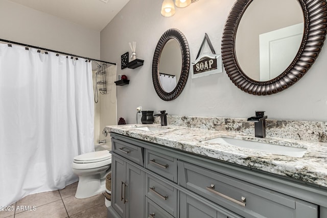 full bathroom with tile patterned floors, double vanity, toilet, and shower / bath combination with curtain