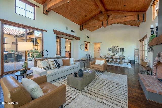 living room featuring beamed ceiling, high vaulted ceiling, a healthy amount of sunlight, and dark hardwood / wood-style floors