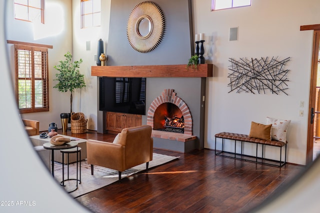 living area featuring dark hardwood / wood-style flooring, a towering ceiling, and a fireplace