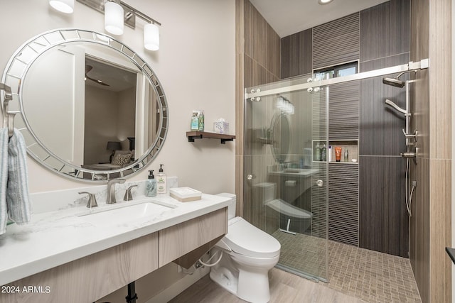 bathroom featuring vanity, toilet, and an enclosed shower