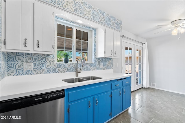 kitchen with blue cabinetry, sink, dishwasher, french doors, and white cabinetry