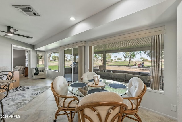 dining space with visible vents, a ceiling fan, recessed lighting, light tile patterned floors, and baseboards