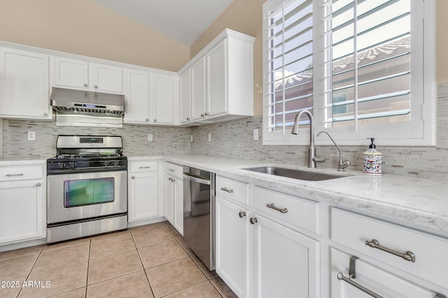 3044 E Sparrow Pl, Chandler, AZ 85286 - kitchen featuring appliances with stainless steel finishes, a sink, light tile patterned floors, lofted ceiling, and under cabinet range hood