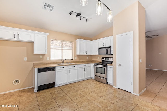 kitchen with stainless steel range with electric stovetop, dishwasher, rail lighting, and white cabinets