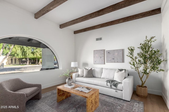 1736 N Ashbrook Cir, Mesa, AZ 85213 - living room featuring wood finished floors, baseboards, and beam ceiling