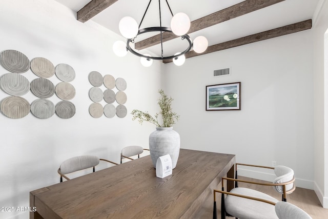 1736 N Ashbrook Cir, Mesa, AZ 85213 - dining space featuring a chandelier, beam ceiling, baseboards, and wood finished floors
