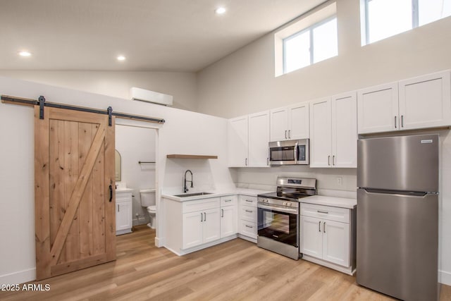 1736 N Ashbrook Cir, Mesa, AZ 85213 - kitchen featuring appliances with stainless steel finishes, a sink, high vaulted ceiling, light countertops, and light wood-style floors