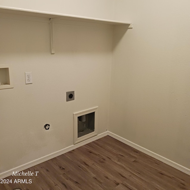 laundry room featuring laundry area, baseboards, dark wood-style flooring, hookup for an electric dryer, and washer hookup