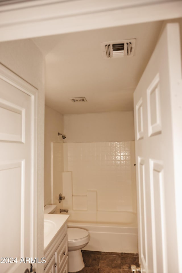 full bath with toilet, shower / bathtub combination, vanity, and visible vents