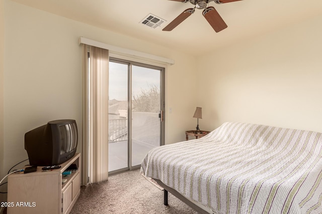 bedroom with light carpet, a ceiling fan, visible vents, and access to exterior