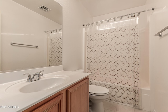 bathroom featuring shower / tub combo, visible vents, toilet, tile patterned flooring, and vanity