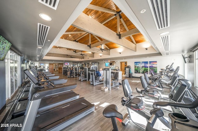 gym featuring wood ceiling, wood finished floors, and ceiling fan