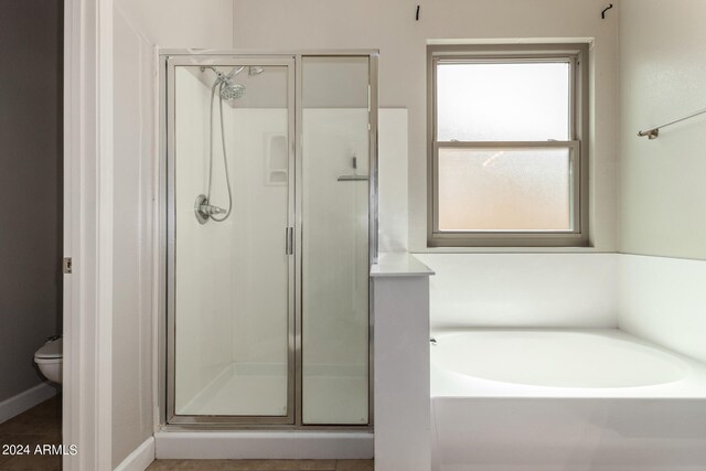 bathroom with toilet and separate shower and tub