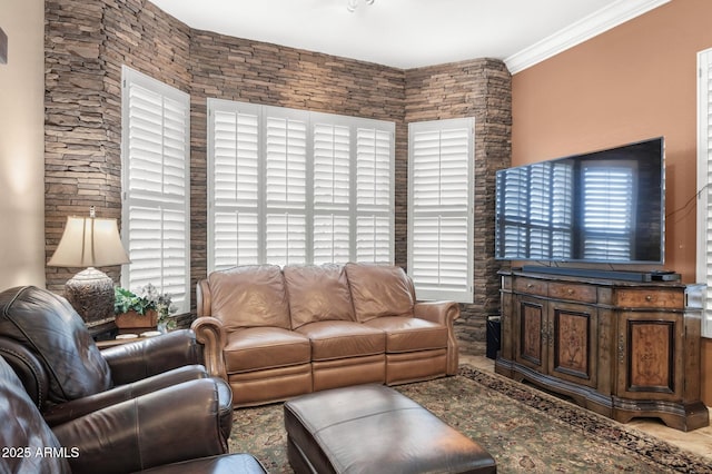 living room with ornamental molding