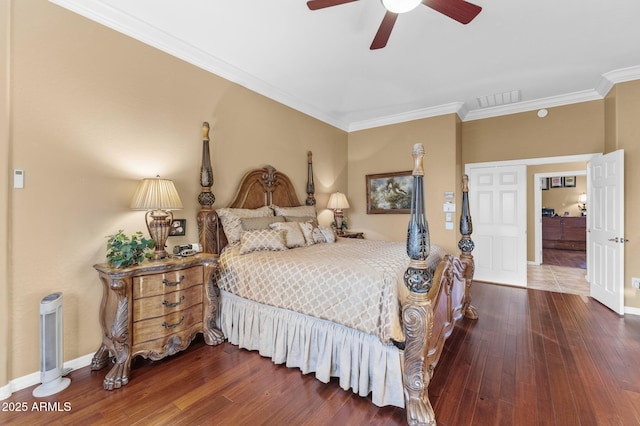 bedroom featuring ceiling fan, dark hardwood / wood-style flooring, and crown molding