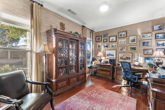 office space featuring wood-type flooring and crown molding