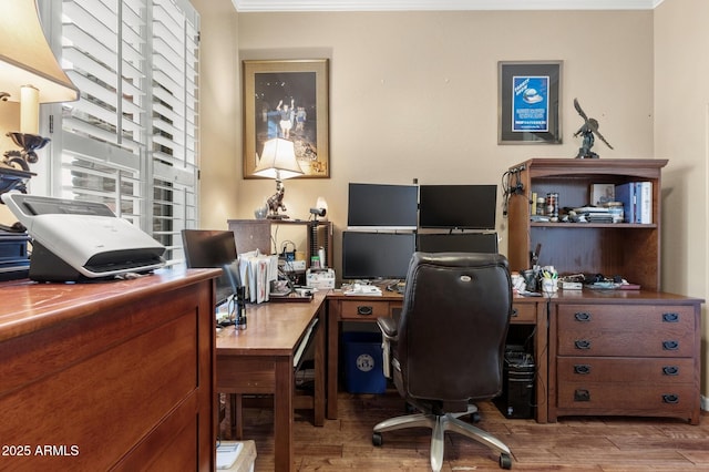 office space with wood-type flooring