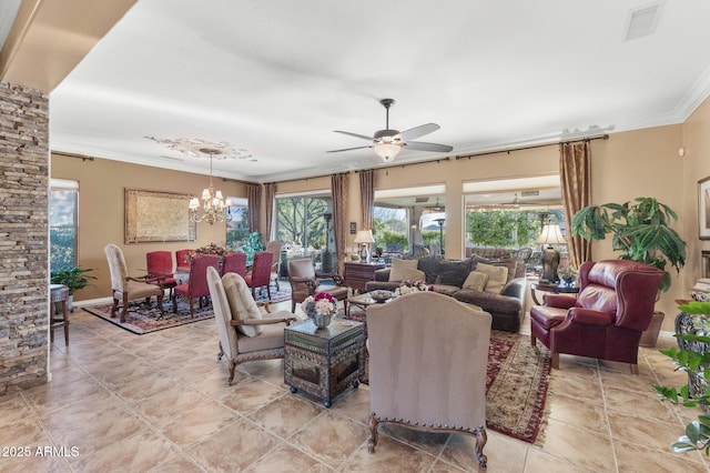 living room featuring ceiling fan with notable chandelier and ornamental molding