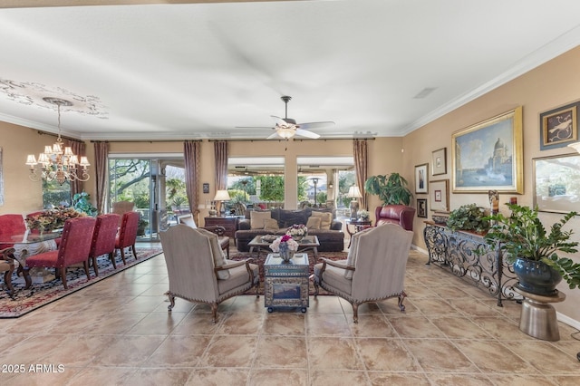 living room featuring ceiling fan with notable chandelier and ornamental molding