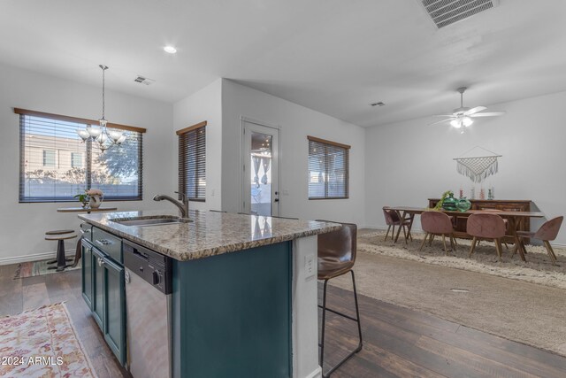 964 W Saguaro Ln, San Tan Valley, AZ 85143 - kitchen with a sink, stainless steel dishwasher, a chandelier, dark wood-style flooring, and recessed lighting