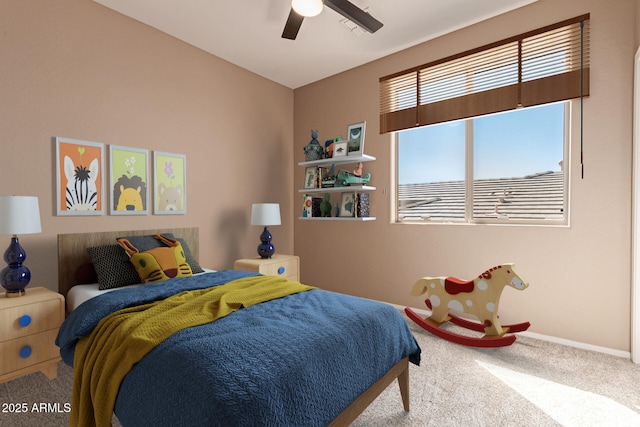 bedroom featuring carpet flooring and ceiling fan