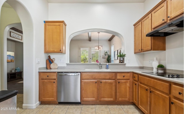 kitchen featuring dishwasher, black electric stovetop, a sink, and light tile patterned flooring