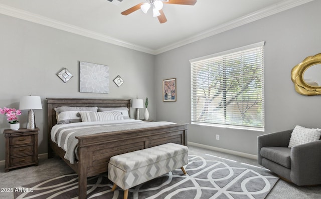 bedroom featuring light carpet, baseboards, crown molding, and ceiling fan