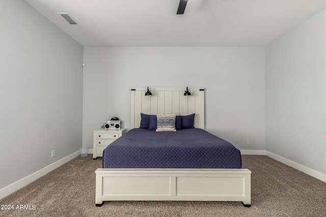 bedroom with ceiling fan and carpet floors