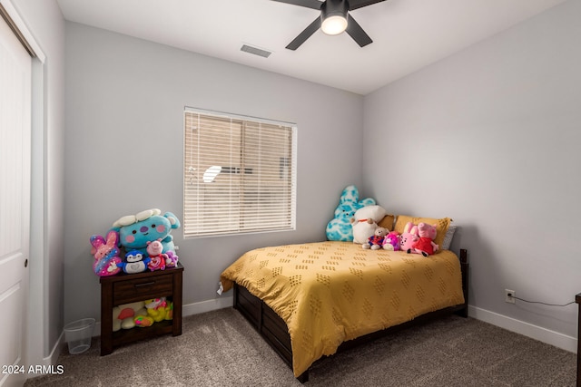 bedroom featuring carpet, a closet, and ceiling fan