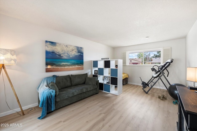 living area featuring baseboards, a textured ceiling, and wood finished floors