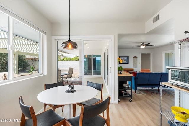 dining room featuring visible vents, baseboards, light wood-style floors, and a ceiling fan