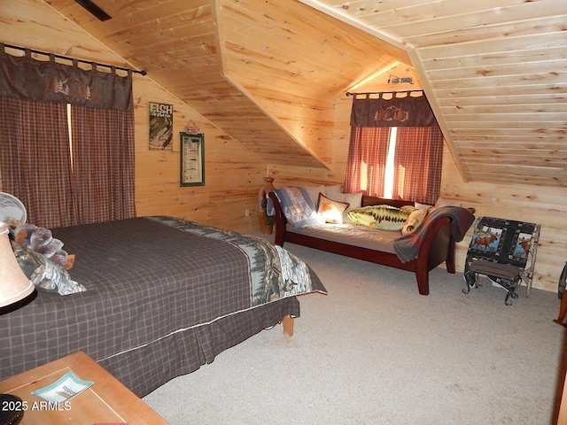 2372 Summer Loop, Forest Lakes, AZ 85931 - bedroom featuring lofted ceiling, wood walls, wooden ceiling, and carpet floors