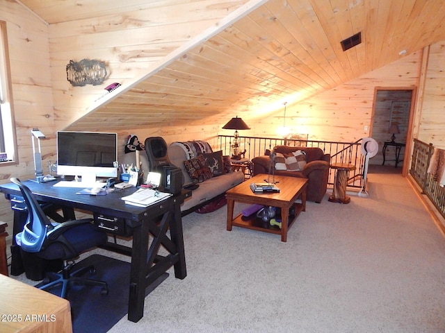 2372 Summer Loop, Forest Lakes, AZ 85931 - carpeted office space featuring wooden walls, lofted ceiling, and wooden ceiling