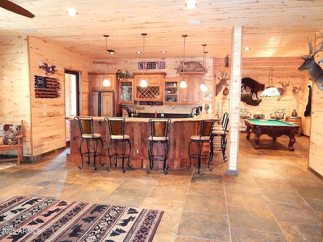 2372 Summer Loop, Forest Lakes, AZ 85931 - indoor wet bar with billiards, wood ceiling, wooden walls, hanging light fixtures, and recessed lighting