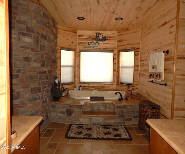 2372 Summer Loop, Forest Lakes, AZ 85931 - full bathroom with wood ceiling, plenty of natural light, a bath, wood walls, and recessed lighting