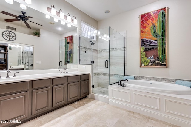 full bathroom featuring visible vents, a sink, a bath, and double vanity