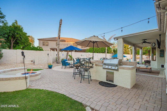 view of patio / terrace with grilling area, a fire pit, a fenced backyard, and area for grilling