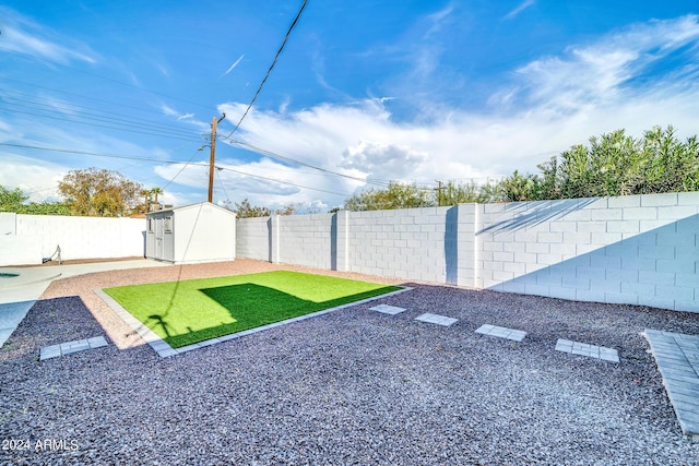 view of yard with a storage shed