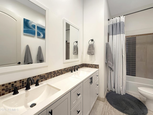 full bathroom with tasteful backsplash, vanity, shower / bathtub combination with curtain, and toilet