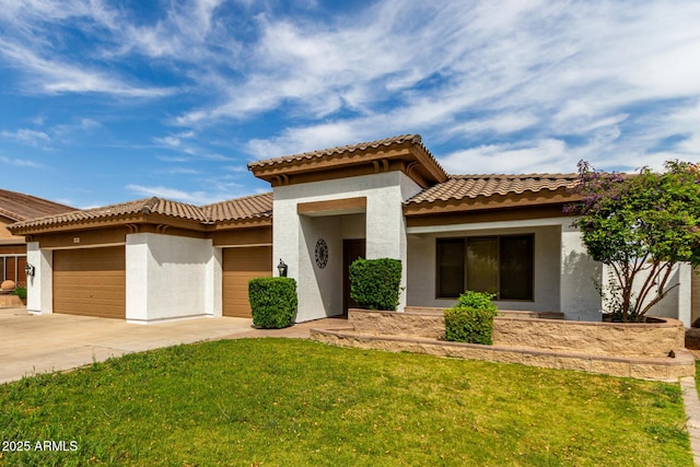 702 E Capricorn Way, Chandler, AZ 85249 - mediterranean / spanish-style home with an attached garage, driveway, stucco siding, a front yard, and a tiled roof