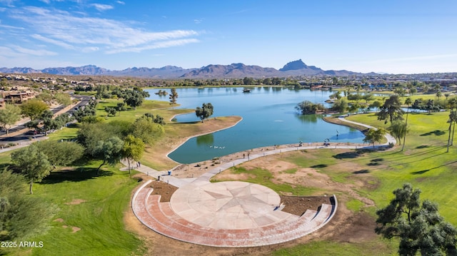 bird's eye view featuring a water and mountain view