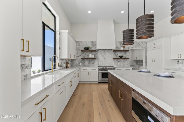 9611 E Clinton St, Scottsdale, AZ 85260 - kitchen featuring open shelves, appliances with stainless steel finishes, a sink, backsplash, and custom exhaust hood