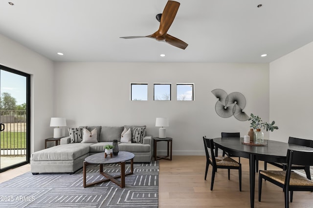 9611 E Clinton St, Scottsdale, AZ 85260 - living room featuring light wood-style flooring, ceiling fan, and recessed lighting