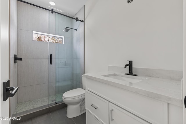 9611 E Clinton St, Scottsdale, AZ 85260 - bathroom featuring a stall shower, toilet, tile patterned floors, and vanity