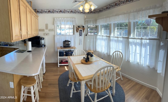 dining space with hardwood / wood-style floors and ceiling fan