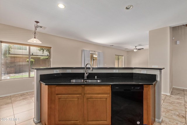 kitchen featuring light tile patterned floors, a center island with sink, decorative light fixtures, dishwasher, and sink