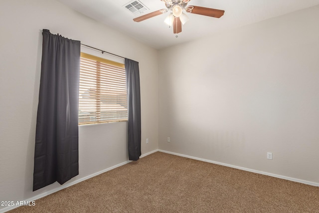 unfurnished room with carpet floors and ceiling fan