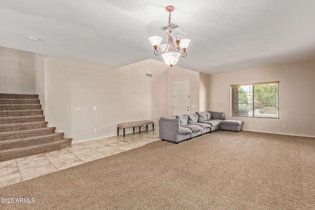 unfurnished living room featuring light tile patterned floors and a notable chandelier