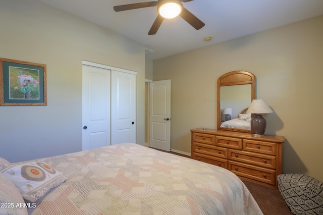 bedroom featuring ceiling fan, carpet floors, visible vents, and a closet
